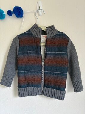 Cat & Jack Gray Sleeve Zip-Up Sweater Jacket with Blue and Brown Striped Front